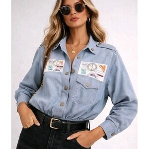 Madness Vintage USA Chambray Bodysuit Womens S Artsy Travel Americana Patches‎